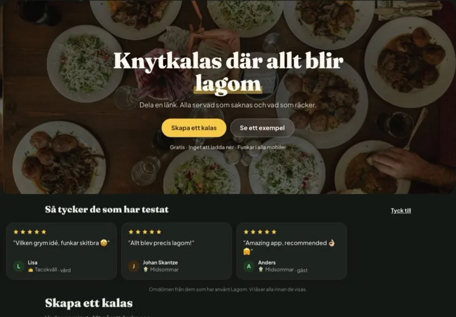 Lagom's home page: potluck parties where everything adds up, with reviews from testers